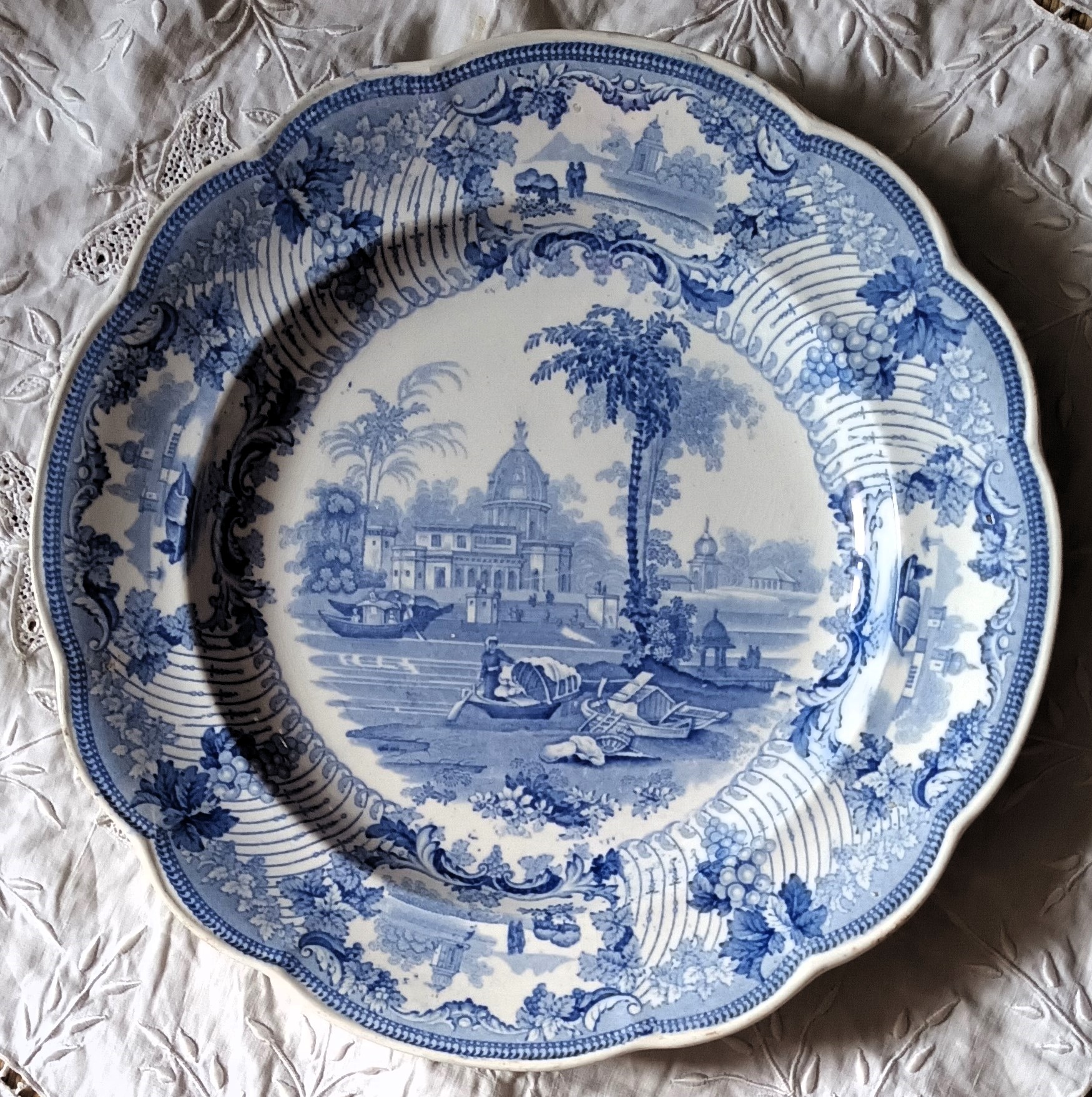 Antique English Georgian Blue and White Transfer Plate ~ “Surseya Ghaut Khanpore” ~ T. & B. Godwin Antique Ceramics 3